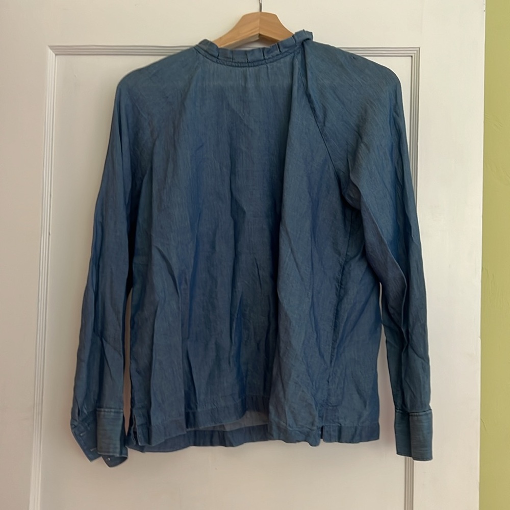 Loft Chambray Ruffle Neck long sleeve top - small